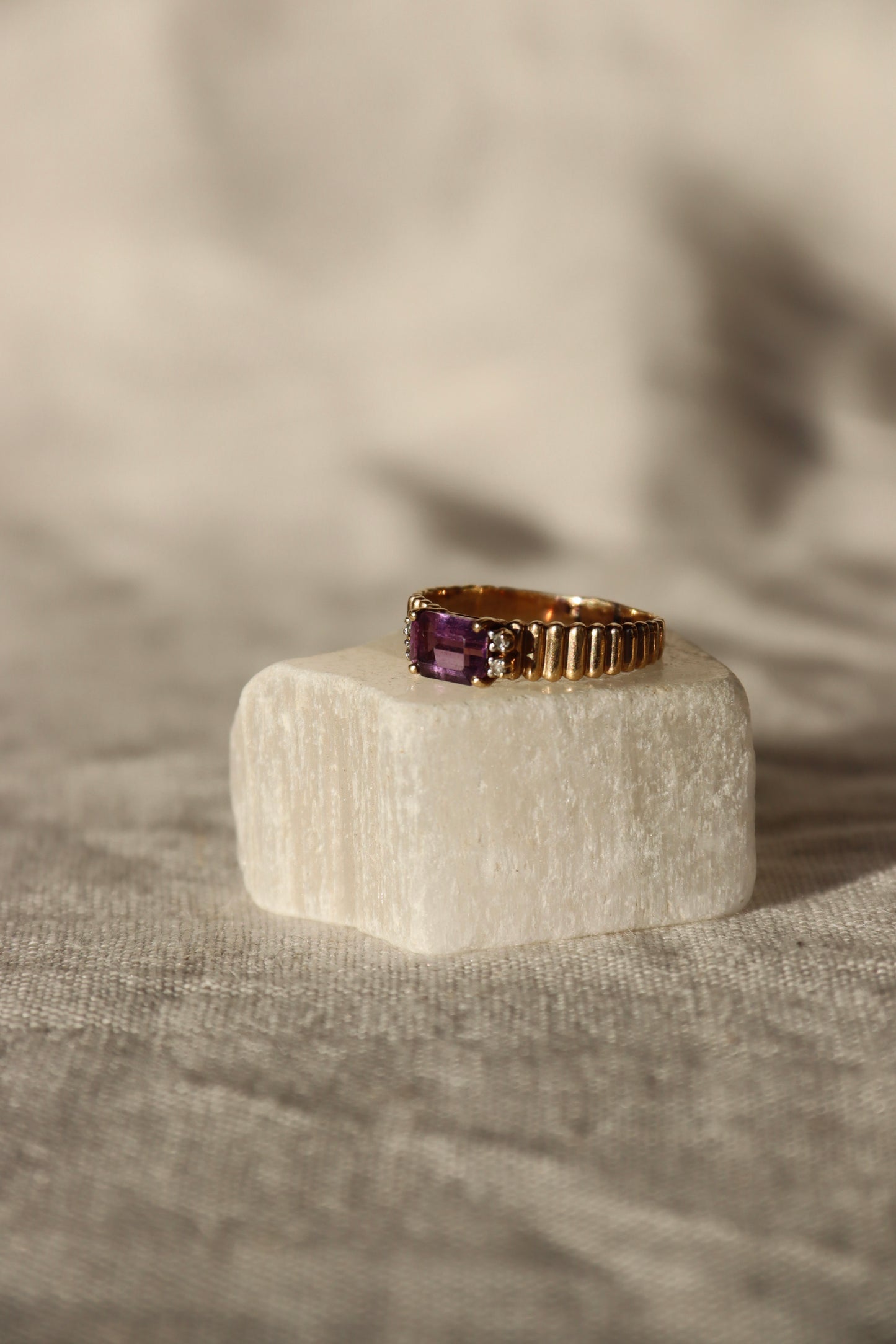 Amethyst and Diamond Ring with Fluted Shoulders -10K