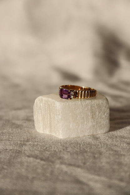 Amethyst and Diamond Ring with Fluted Shoulders -10K