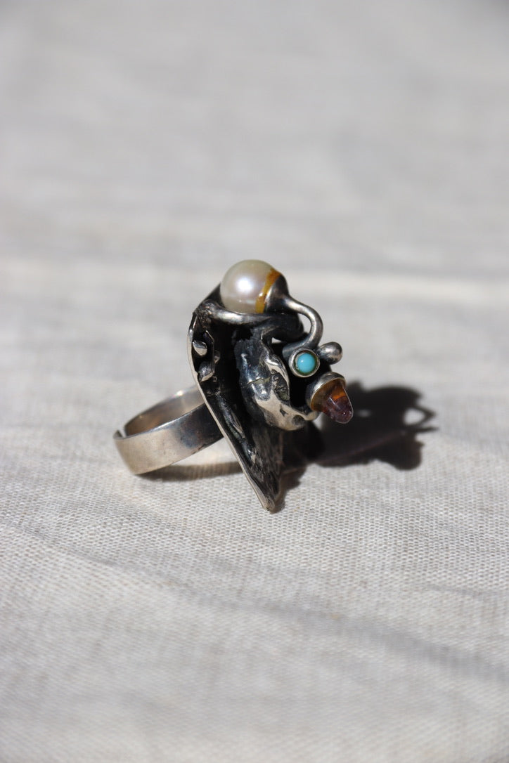 Winifred Wager Sterling Silver Abstract Ring with Amethyst, Turquoise, and Pearl