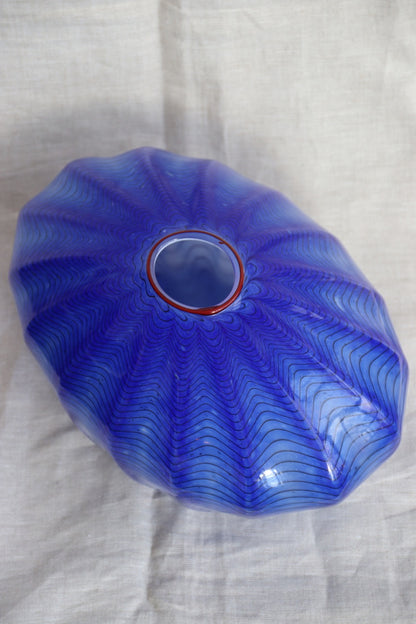 Blue Studio Art Glass Ruffled Oval Vase