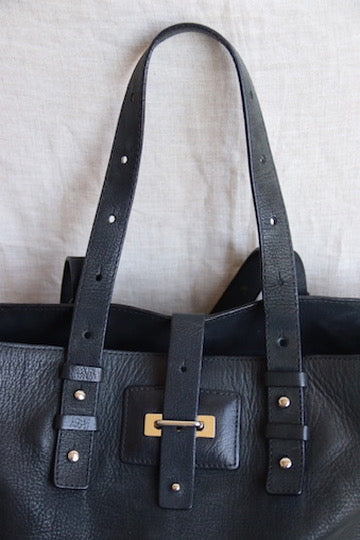 Large Black Leather Bag with Canvas Lining