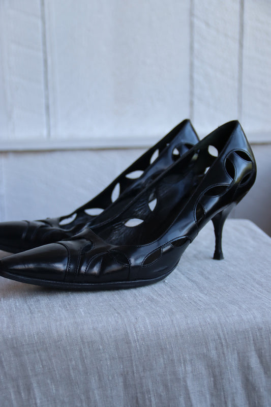 Prada Black Leather Cutout Heels