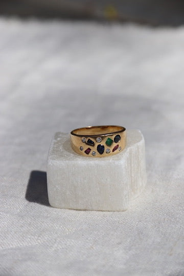 Flush Set Ruby, Sapphire, Emerald and Diamond Ring -14K