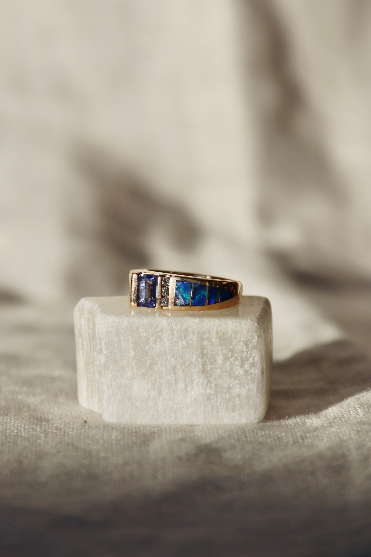 Tanzanite, Diamond and Opal Doublet Ring - 14k Gold