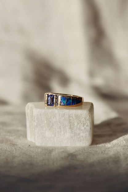 Tanzanite, Diamond and Opal Doublet Ring - 14k Gold
