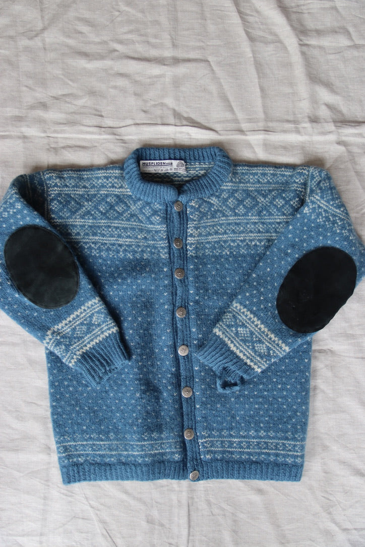 Vintage Blue Norwegian Wool Button Up Sweater with Leather Elbow Patches