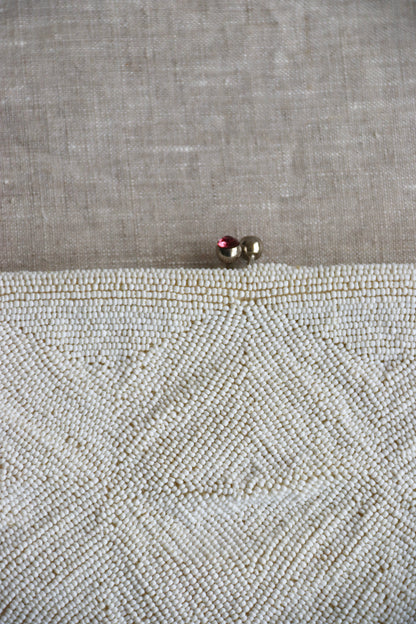 White Beaded Kisslock Clutch with Pink Rhinestones