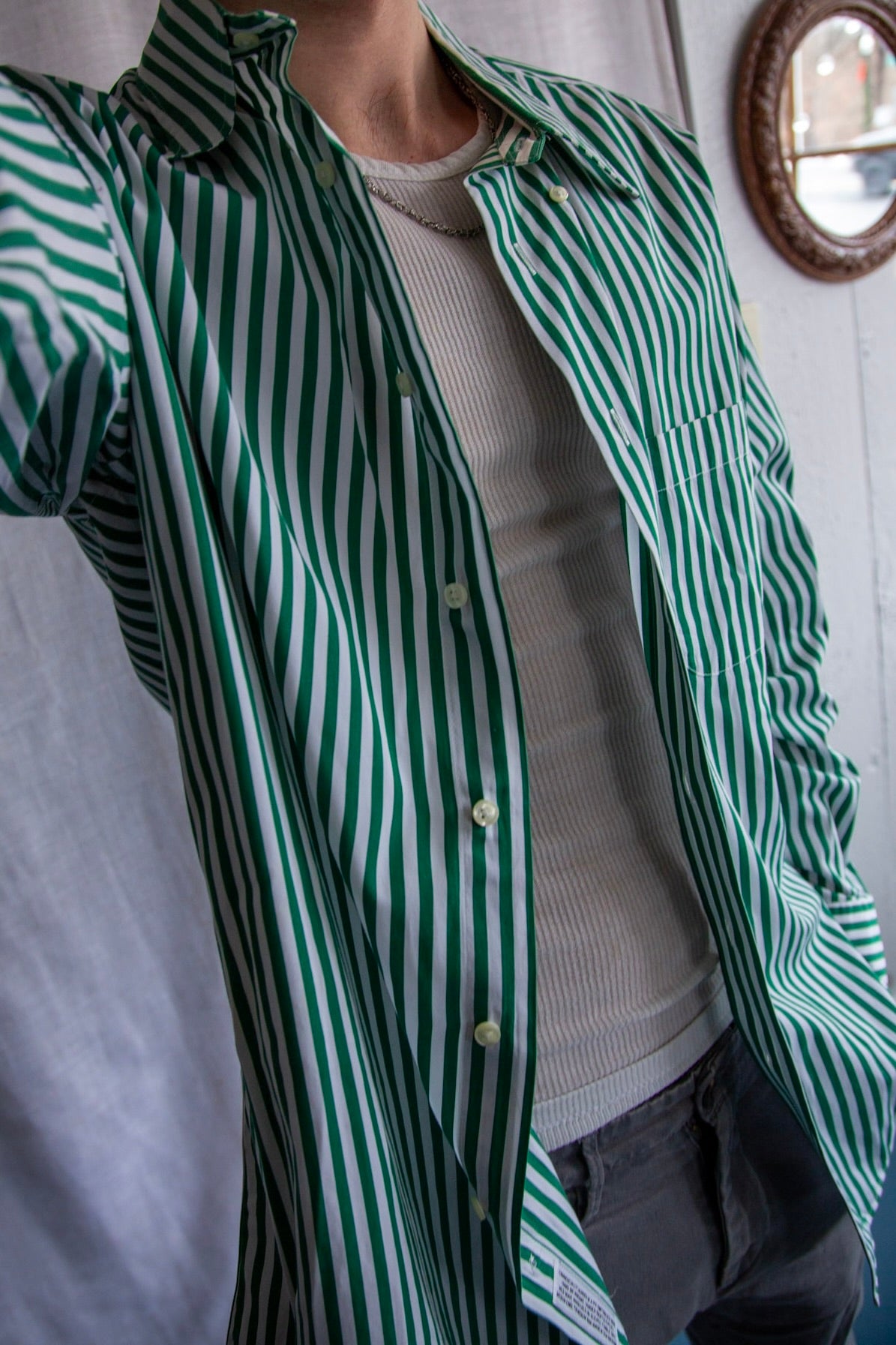 Maus & Hoffman Green Striped Button Down Dress Shirt