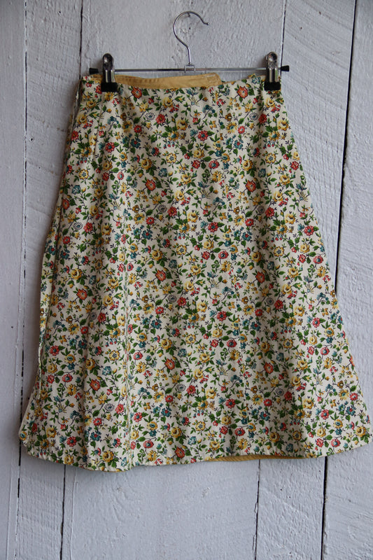 Floral and Butter Yellow Lined Wrap Skirt - 1970s