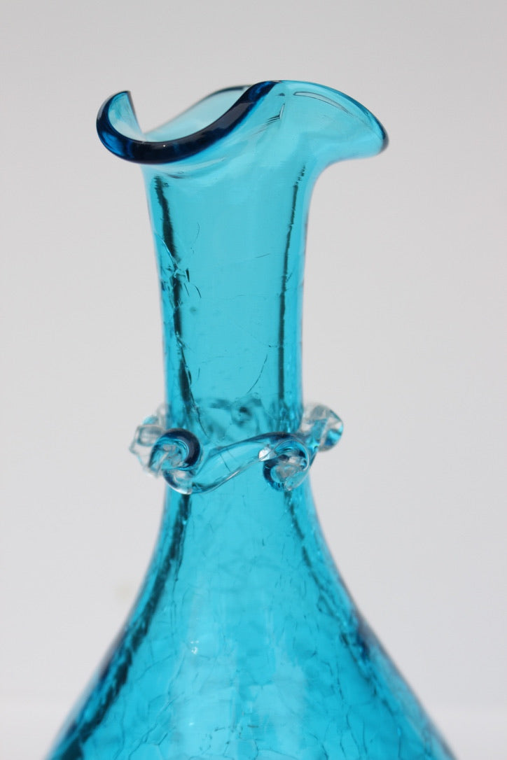 Crackle bright blue hand blown vase