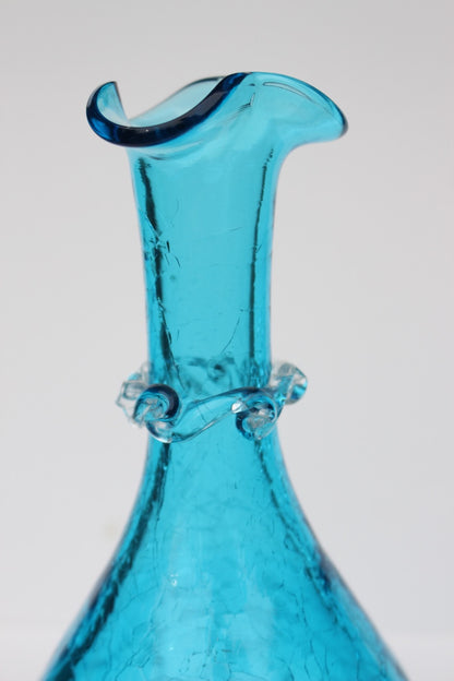 Crackle bright blue hand blown vase