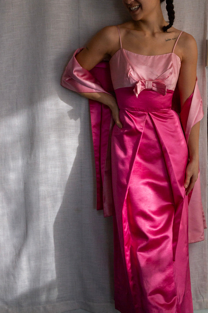 Vintage 60s Harry Keiser Pink Satin Evening Gown with Wrap Stole