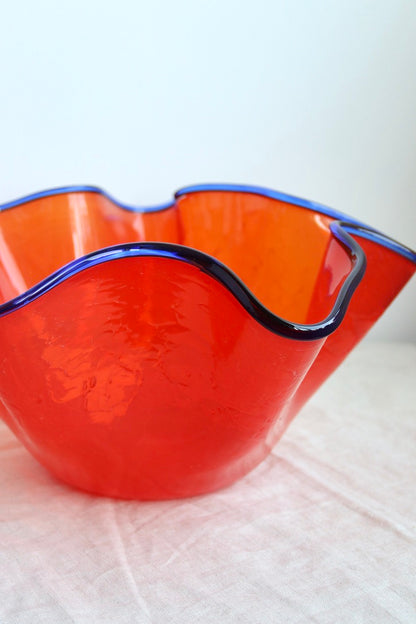 Peter Greenwood Large Orange Crackle Glass Wave Bowl with Blue Edge