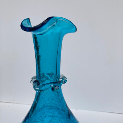 Crackle bright blue hand blown vase