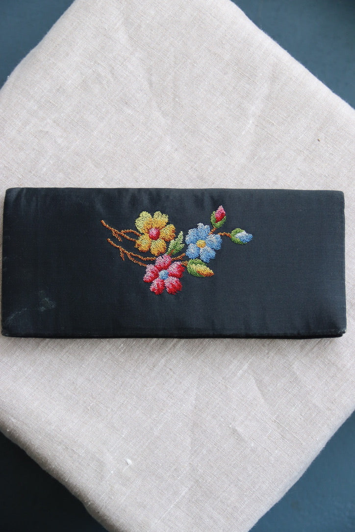 Black Embroidered Floral Clutch