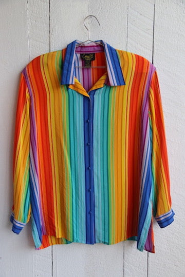 Rainbow Striped Silk Button Down Shirt