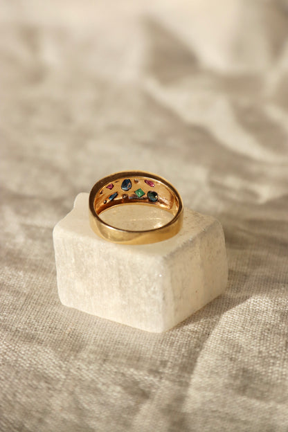 Flush Set Ruby, Sapphire, Emerald and Diamond Ring -14K