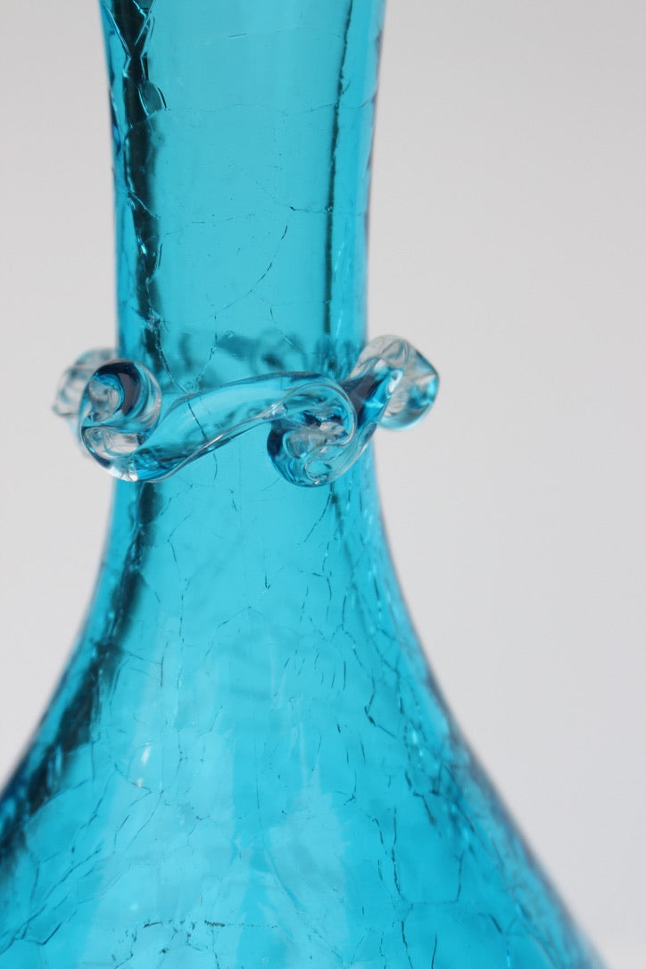 Crackle bright blue hand blown vase