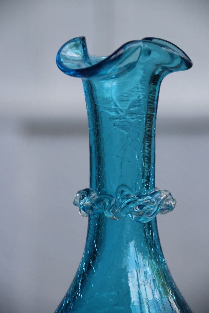 Crackle bright blue hand blown vase