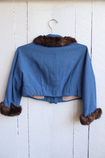 Vintage Cropped Blue Wool Jacket with Sable Fur Trim