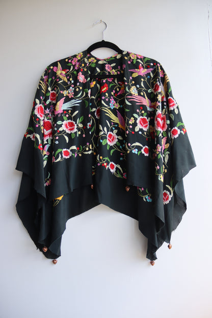 black embroidered bird silk shawl