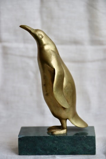 Brass and Green Stone Penguin Sculpture - as is