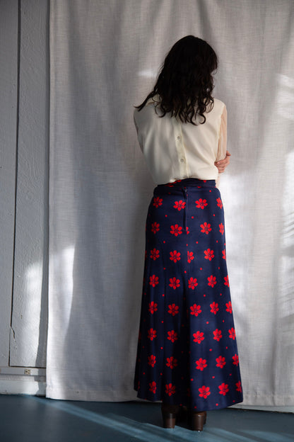 Vintage 1970s Vicky Vaughn Navy Blue and Red Floral Maxi Skirt