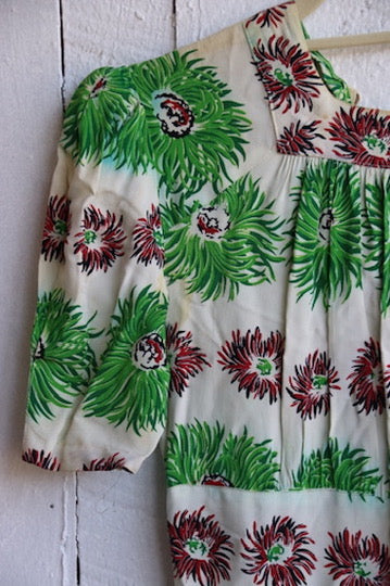 Vintage White with Green Flowers Dress - as is