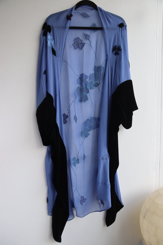 Vintage Blue Silk and Black Velvet Shawl