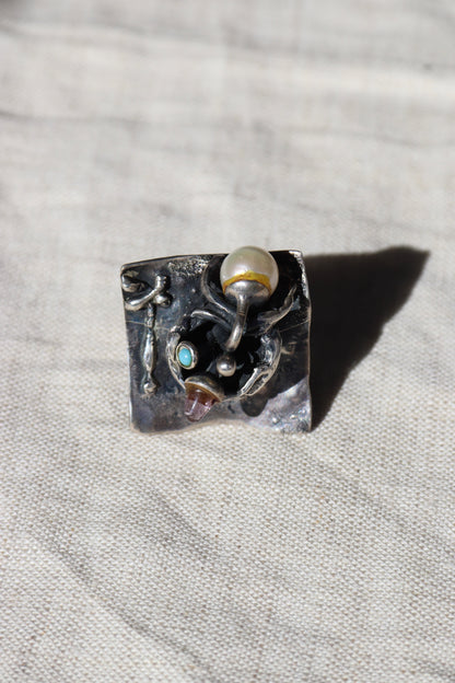 Winifred Wager Sterling Silver Abstract Ring with Amethyst, Turquoise, and Pearl