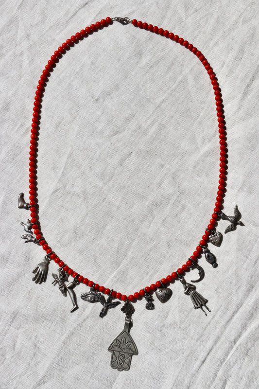 Vintage Coral and Sterling Silver Milagros Necklace