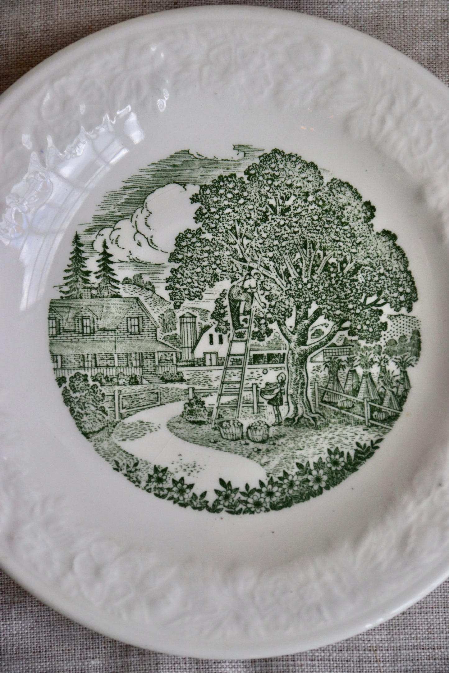 Vintage Homer Laughlin Pastoral Vintage Saucer Plate - 6” Green Farm Scene M57N6 USA