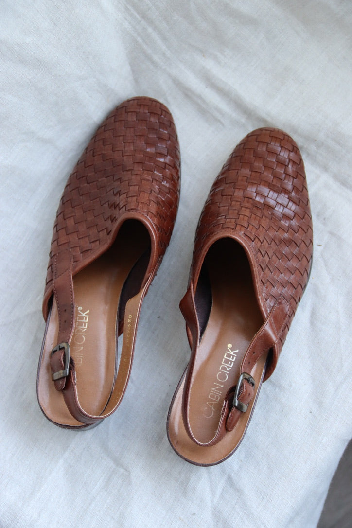 Cabin Creek Brown Leather Woven Slingbacks