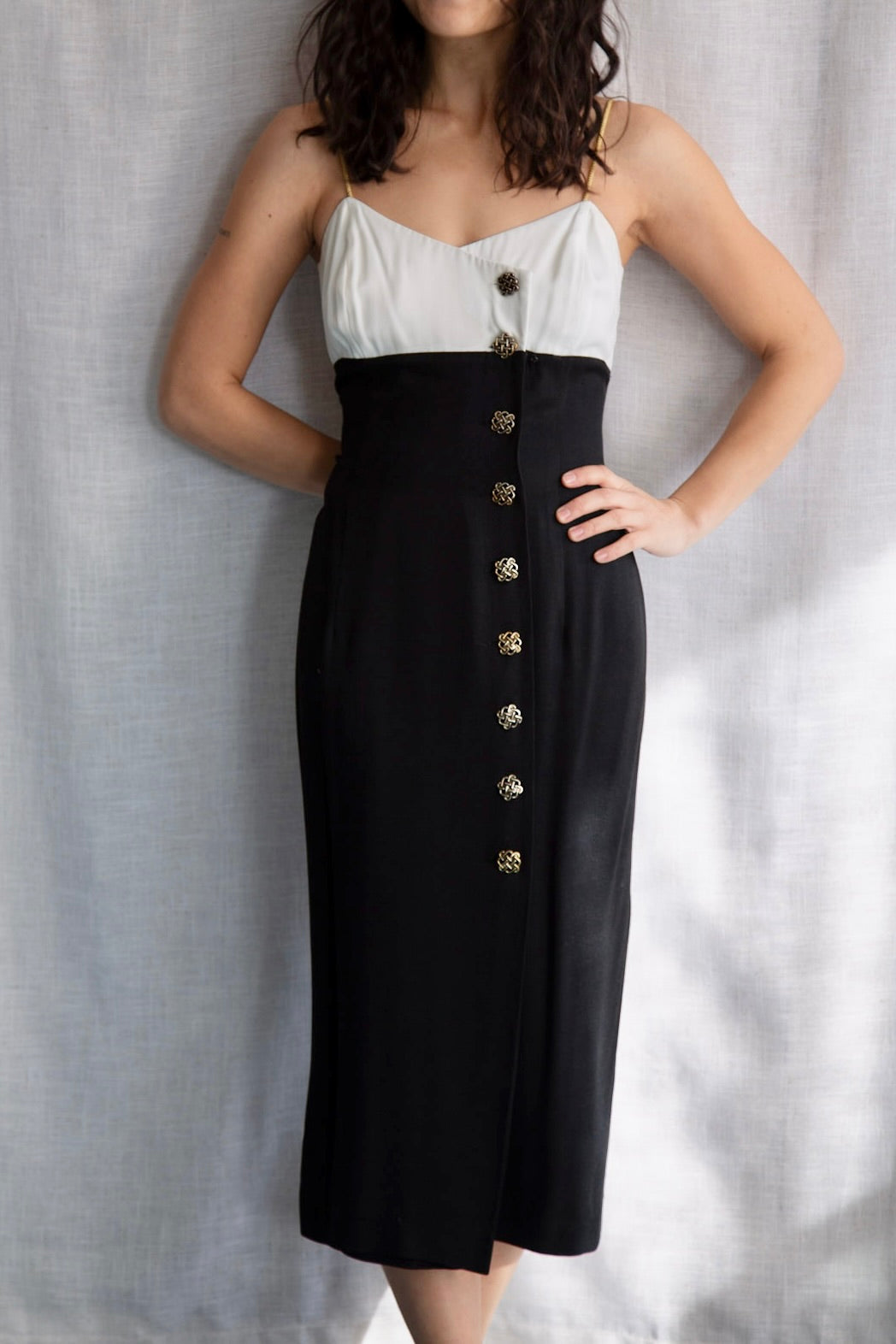 Vintage 90s Virgo II Black and White Dress with Gold Straps
