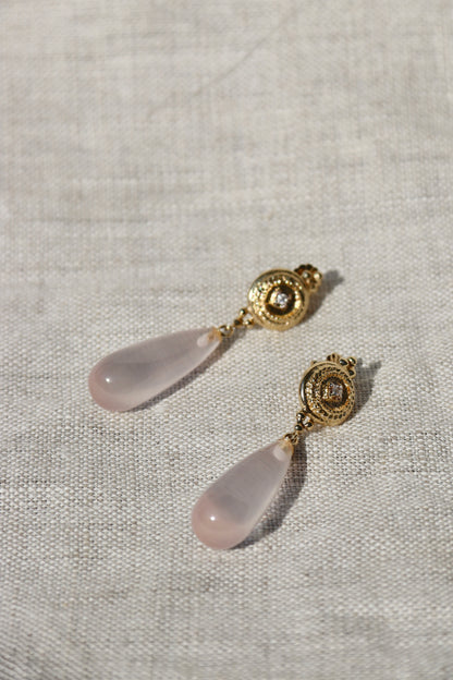 Rose Quartz and Diamond Earrings - 14K Yellow Gold