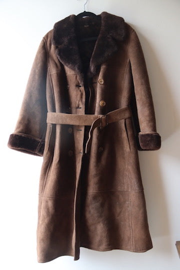 Vintage Brown Shearling Suede Leather Trench Coat