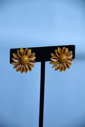 Orange Flower Clip On Earrings