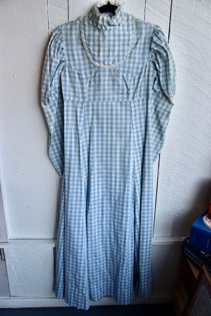 Vintage 70s Handmade Light Blue Checkered Cotton Dress