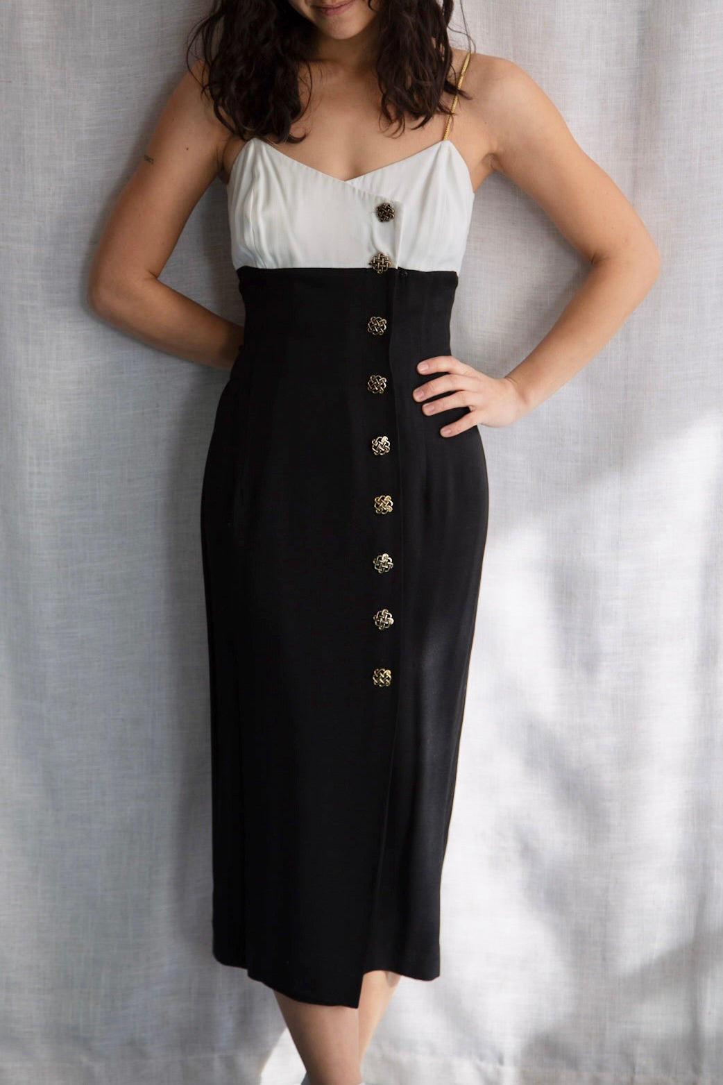 Vintage 90s Virgo II Black and White Dress with Gold Straps