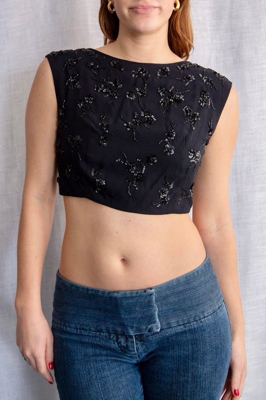 Vintage Black Sequin and Beaded Crop Top
