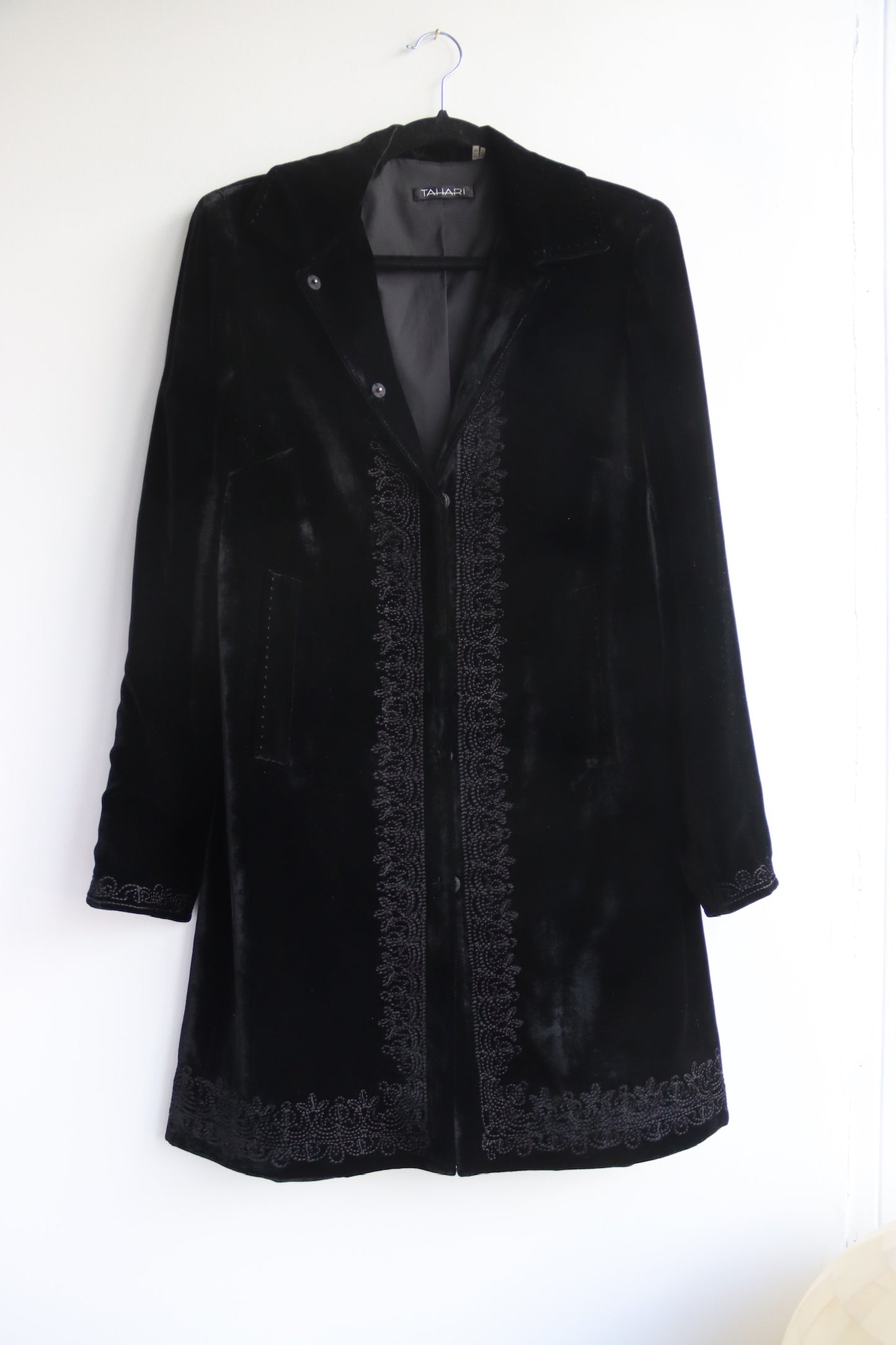 Tahari Embroidered black velvet coat