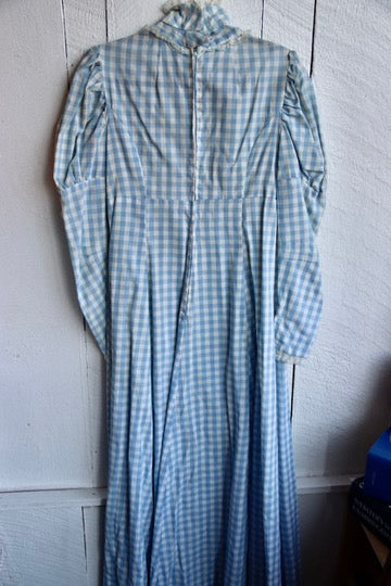 Vintage 70s Handmade Light Blue Checkered Cotton Dress