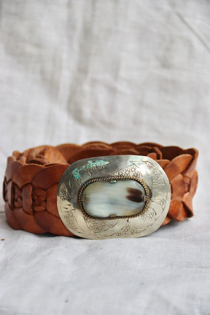 Brown braided leather belt with silver buckle