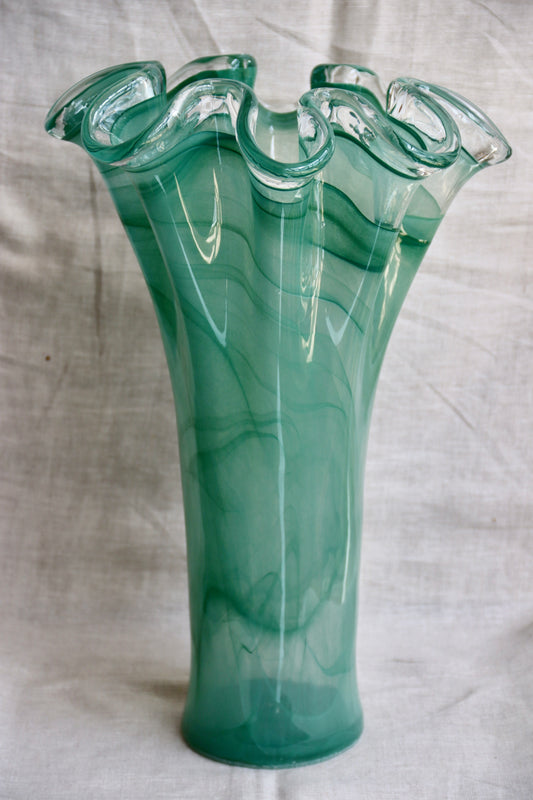 Large Hand Blown Blue Glass Ruffle Vase