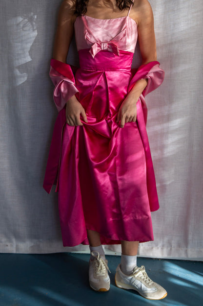 Vintage 60s Harry Keiser Pink Satin Evening Gown with Wrap Stole