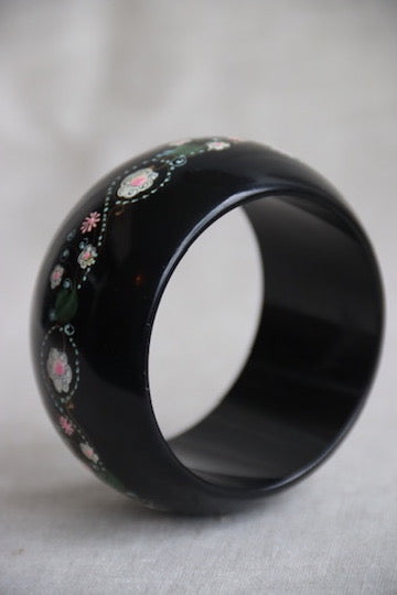 Black Hand Painted Flowered Bangle Bracelet