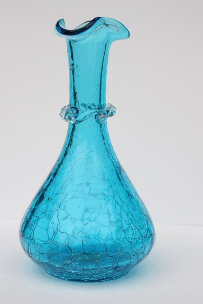 Crackle bright blue hand blown vase