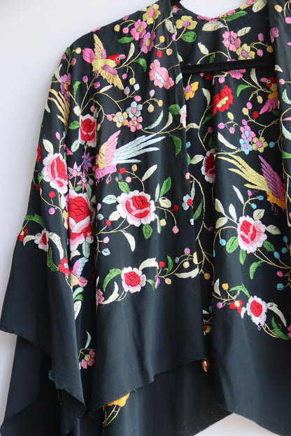 black embroidered bird silk shawl