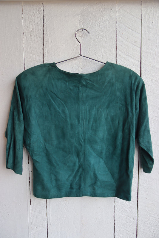 Vintage West Bay Saks Fifth Avenue Green Suede Leather Top with Shoulder Pads