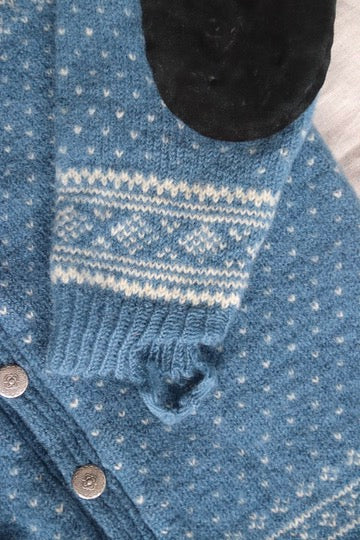 Vintage Blue Norwegian Wool Button Up Sweater with Leather Elbow Patches